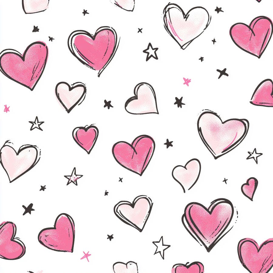 Corações e estrelas rosa padrão divertido de amor estilo doodle
