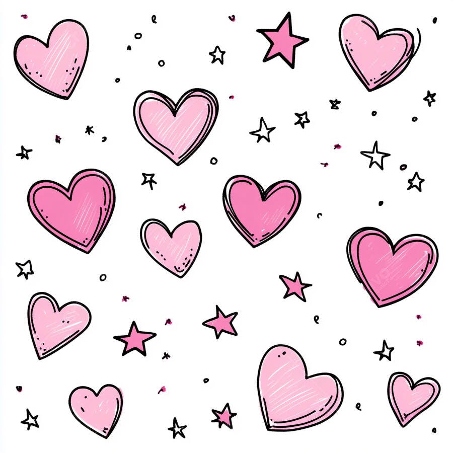 Padrão de corações e estrelas rosa e preto estilo doodle em fundo branco divertido