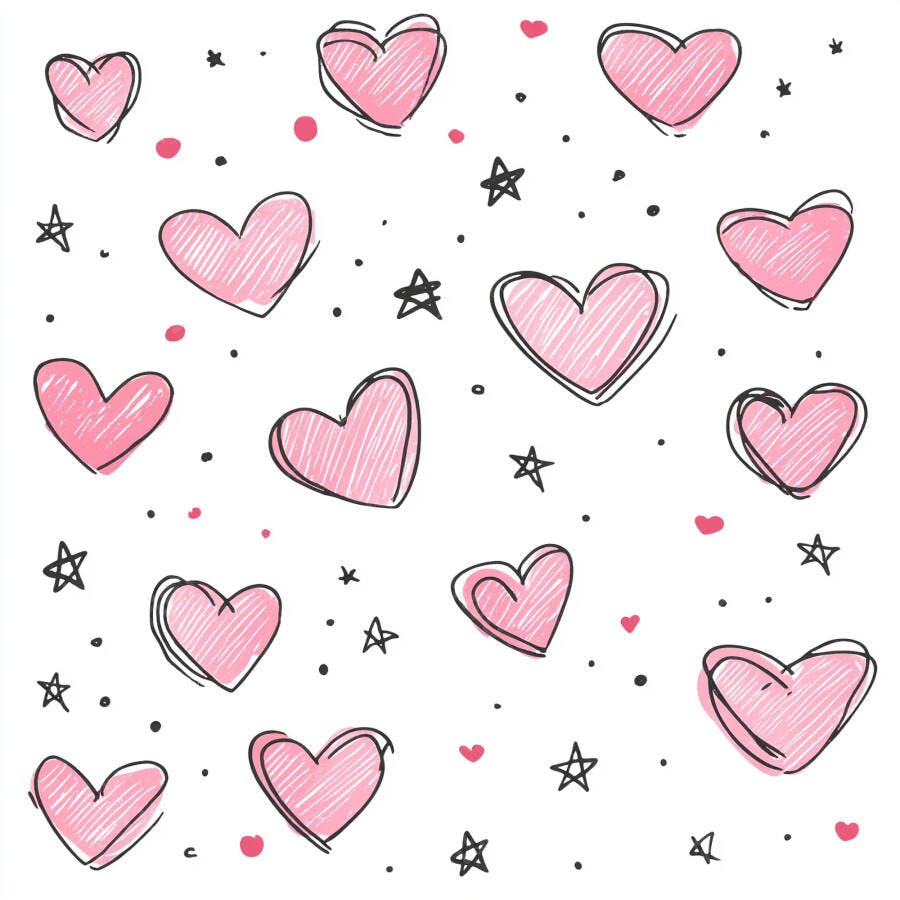 Padrão de corações desenhados a mão rosa e preto com estrelas e pontos