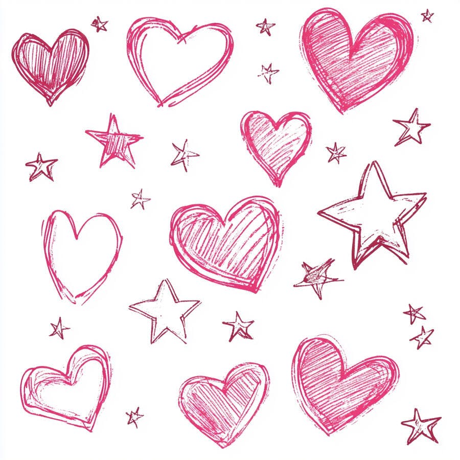 Corações e estrelas rosa desenhados à mão em fundo branco padrão