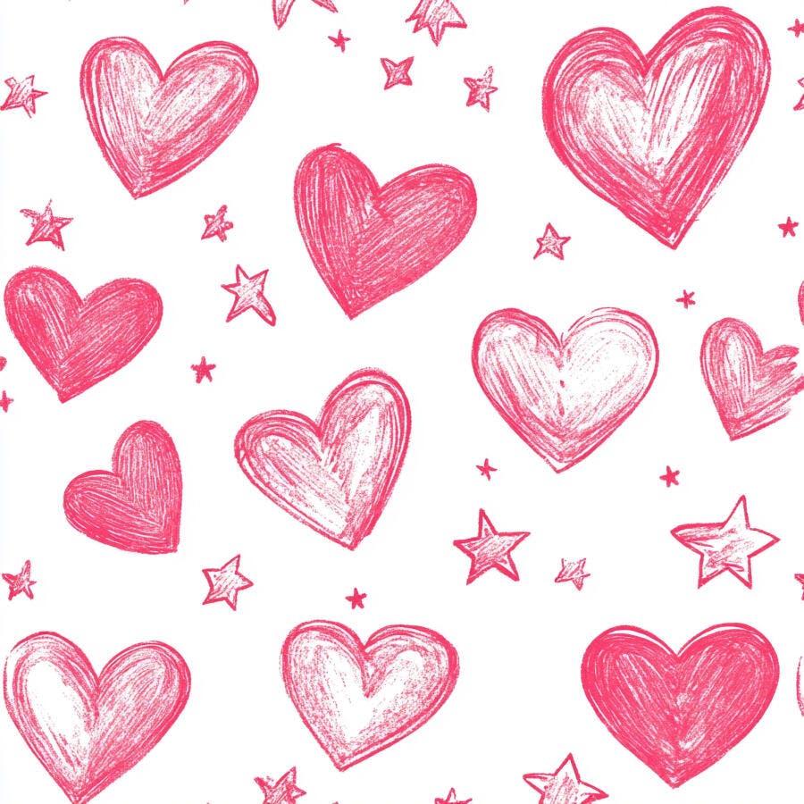 Padrão sem costura de corações e estrelas rosa desenhados à mão em fundo branco