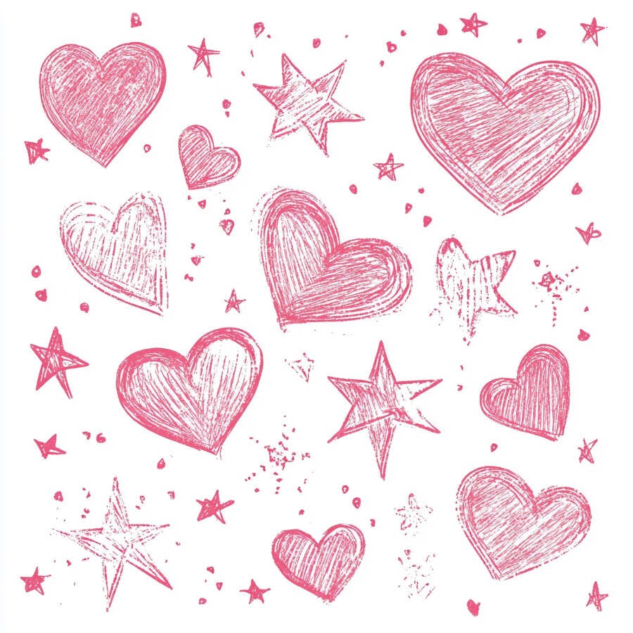 Corações e estrelas rosa desenhados à mão em fundo branco padrão festivo