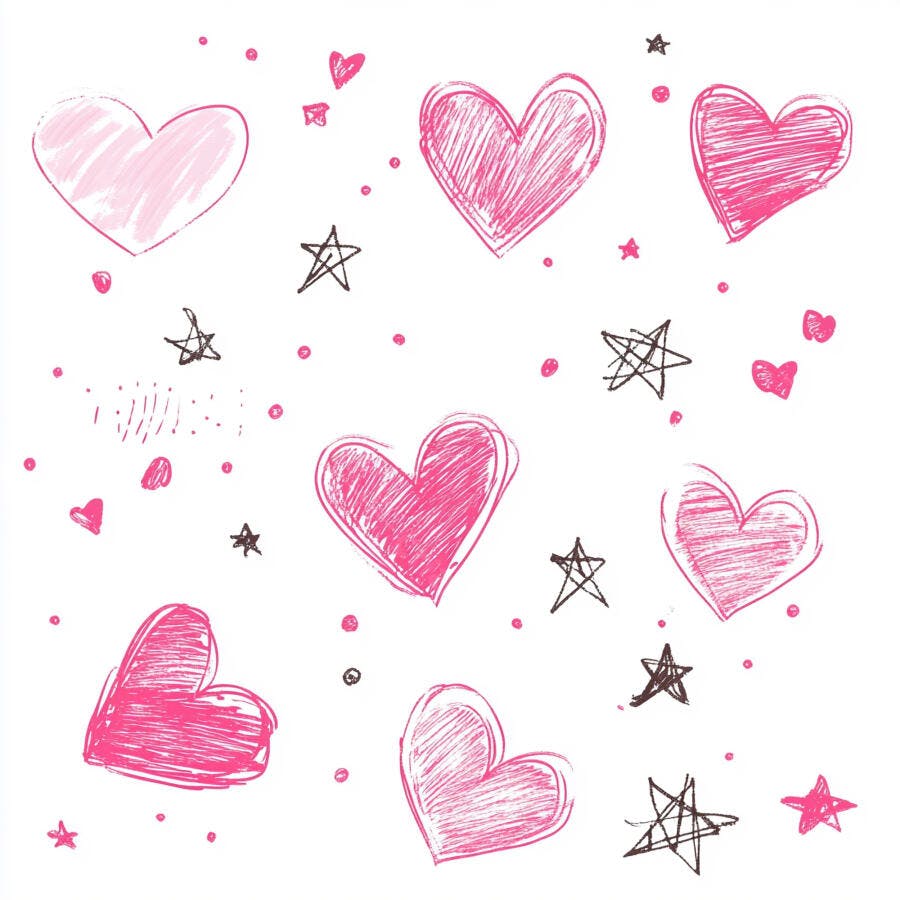 Corações e estrelas rosa e preto desenho manual para tema de amor