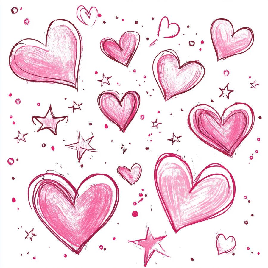 Corações rosas desenhados à mão com estrelas em fundo branco para amor e romance