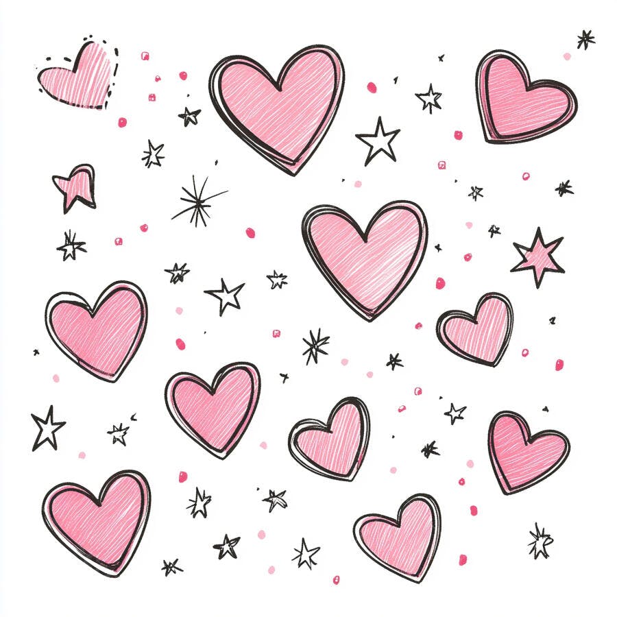 Corações rosa e estrelas desenhados à mão em fundo branco padrão fofo