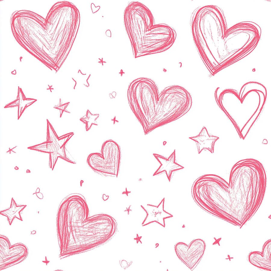 Corações e estrelas rosa padrão doodle desenhado à mão sobre fundo branco