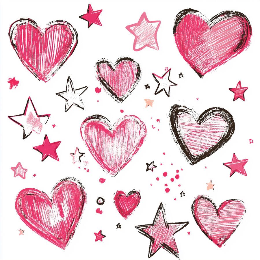 Corações e estrelas rosa desenhados à mão em padrão divertido no fundo branco