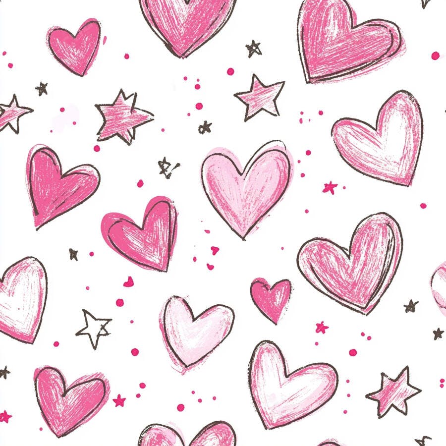 Padrão de corações e estrelas rosa desenhados à mão em fundo branco fofo