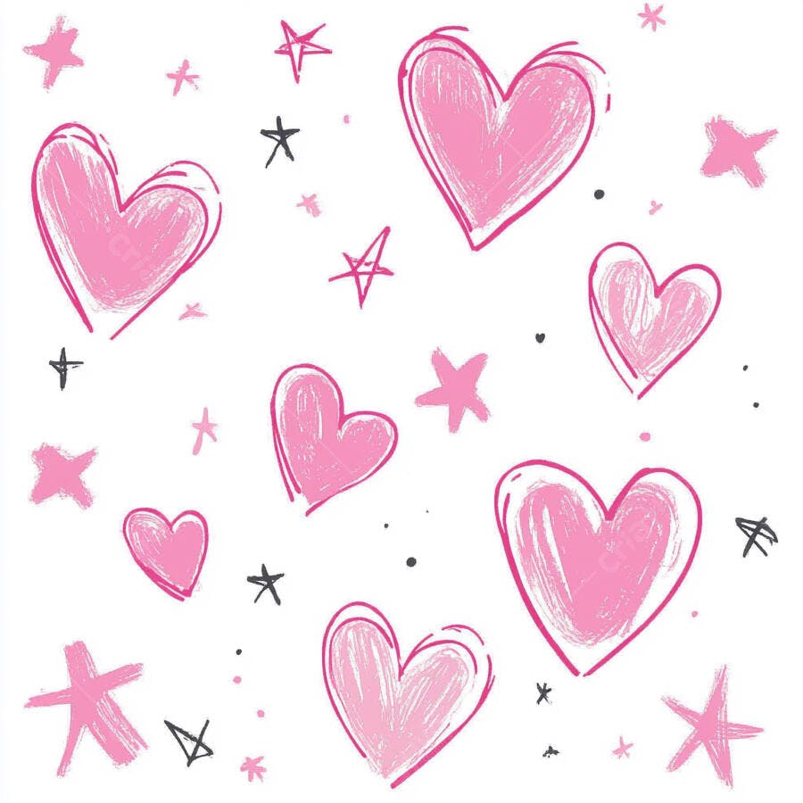 Corações rosa e estrelas desenhadas à mão em padrão divertido fundo branco