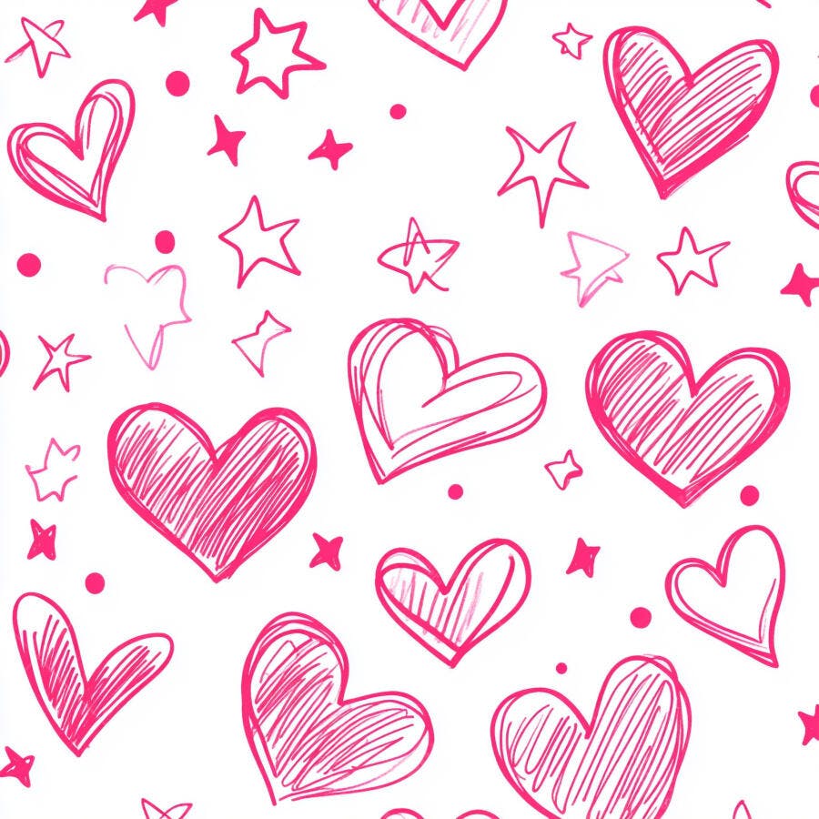 Padrão de corações e estrelas desenhados à mão rosa e branco