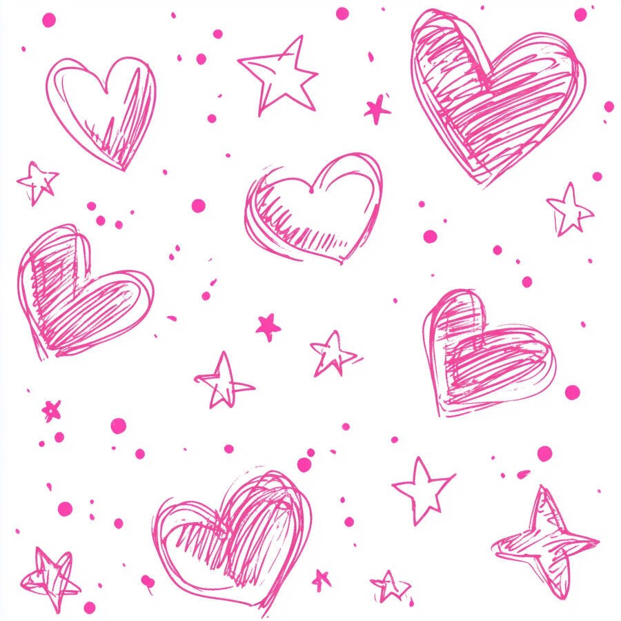 Corações e estrelas rosa desenhadas à mão padrão romântico