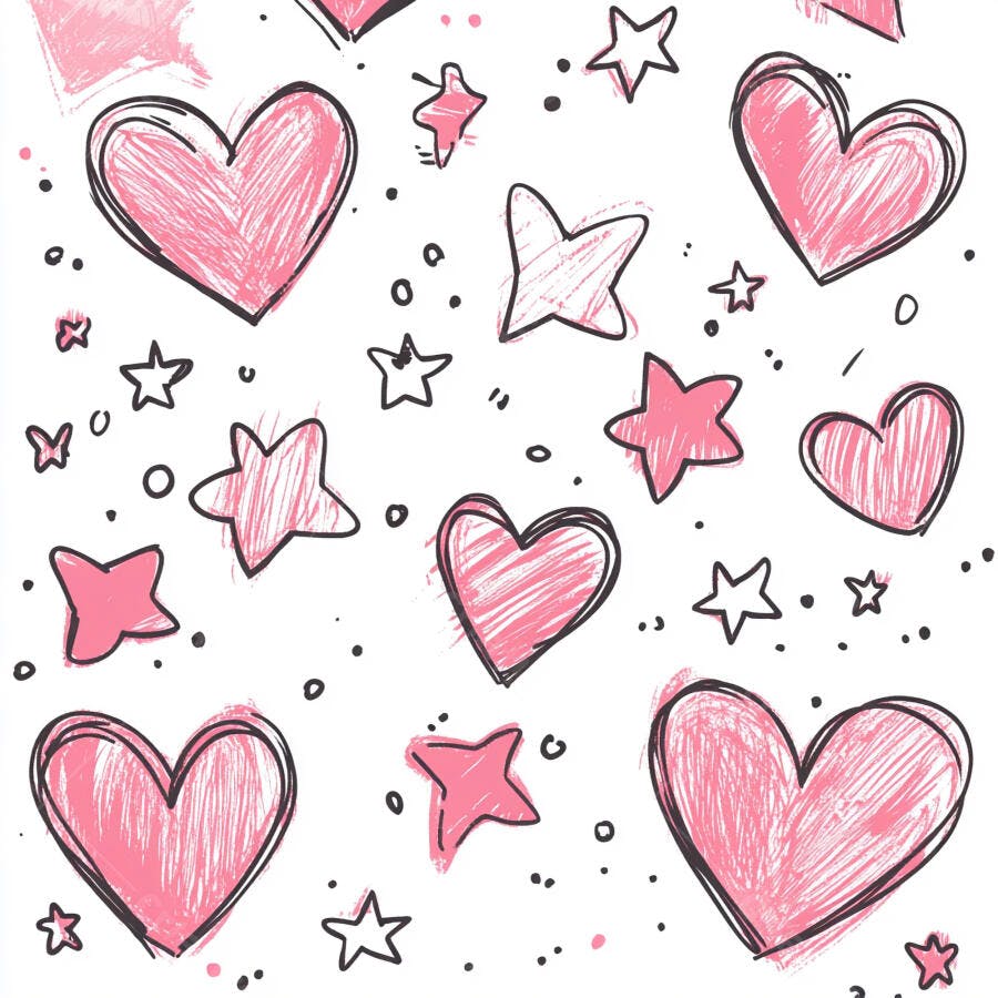 Padrão corações e estrelas rosa desenhados à mão em fundo branco romântico