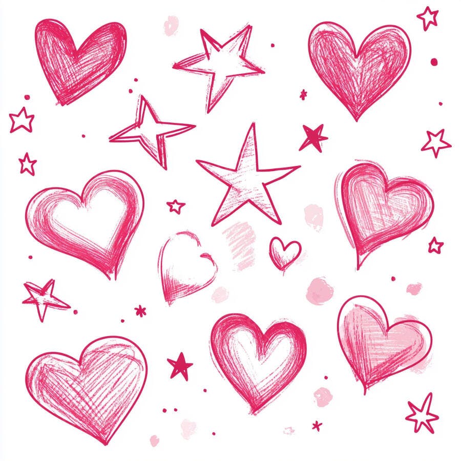 Padrão de corações e estrelas rosa desenhados à mão em fundo branco
