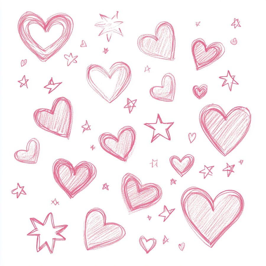 Corações e estrelas rosa desenhados à mão em fundo branco abstrato
