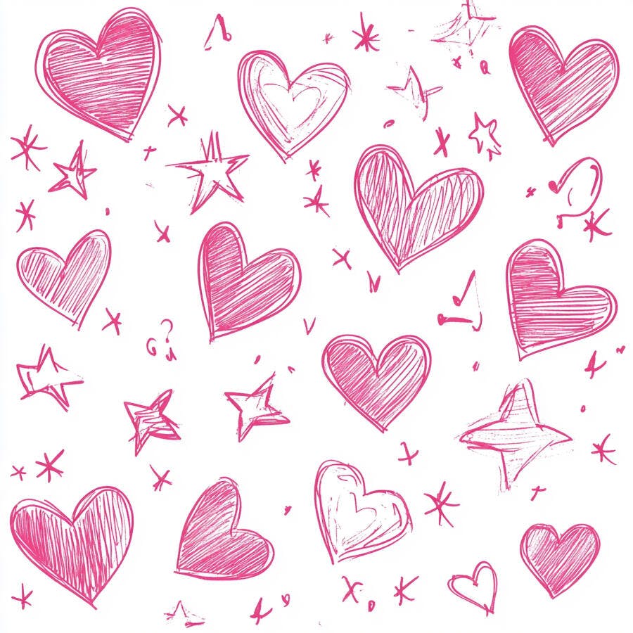 Padrão de corações e estrelas rosa desenhadas à mão em fundo branco abstrato