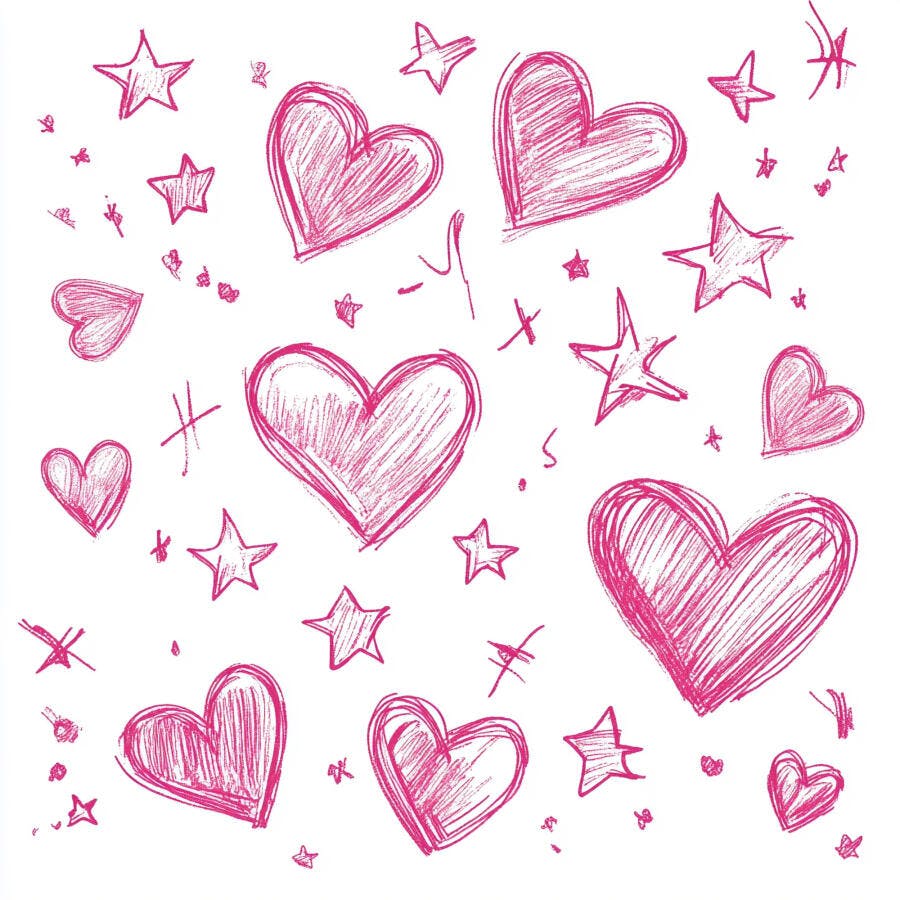 Corações e estrelas rosa desenhados à mão espalhados em fundo branco