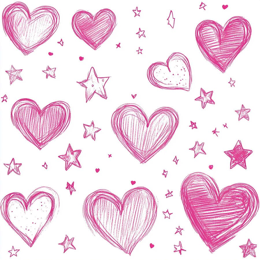 Corações e estrelas rosa desenhados à mão padrão sem costura fundo branco