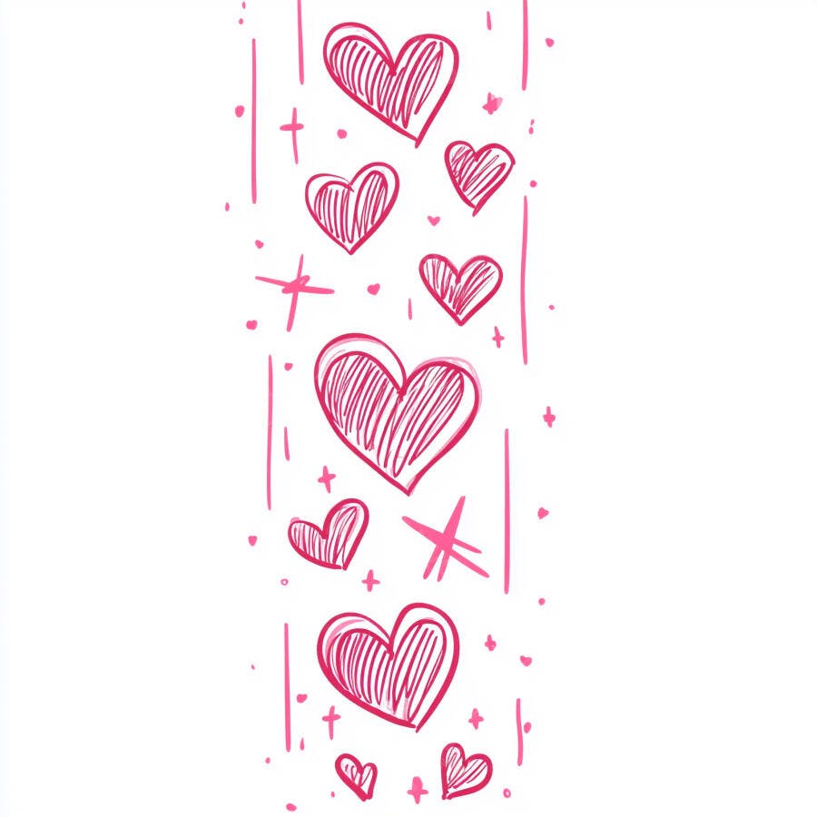 Corações desenhados à mão rosa em fundo branco padrão vertical
