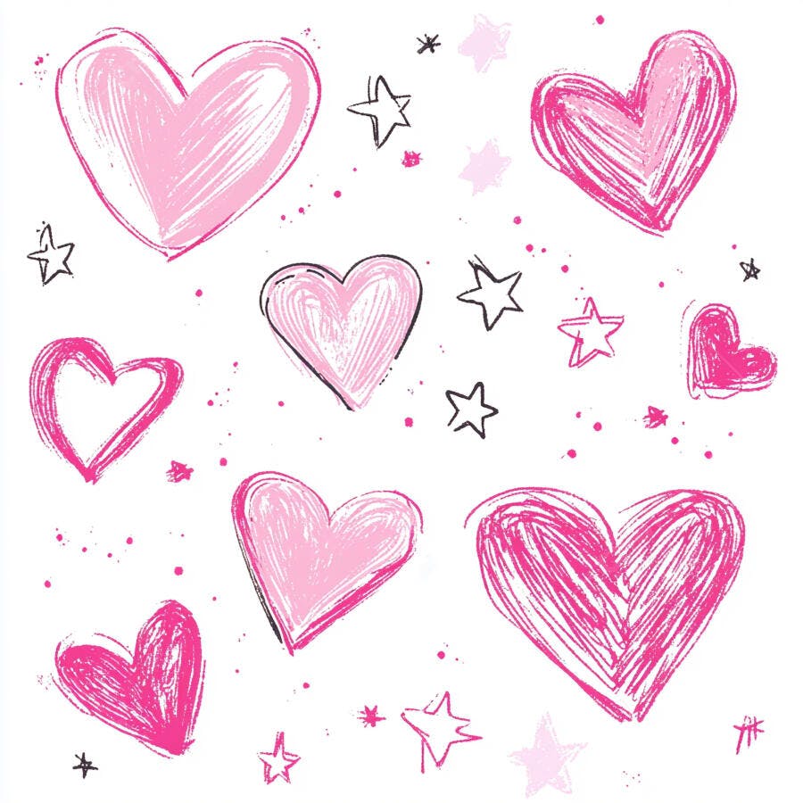 Corações rosa e estrelas desenhadas à mão em fundo branco