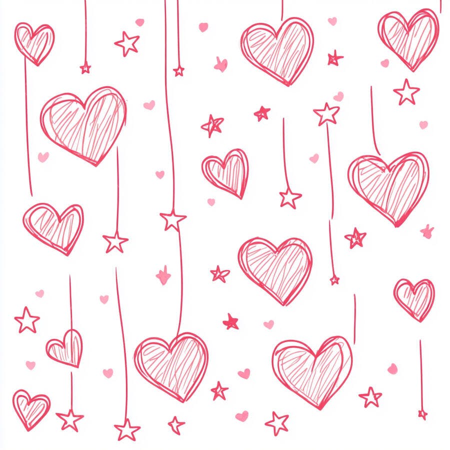 Padrão de corações e estrelas rosa desenhados à mão em fundo branco amor e romance