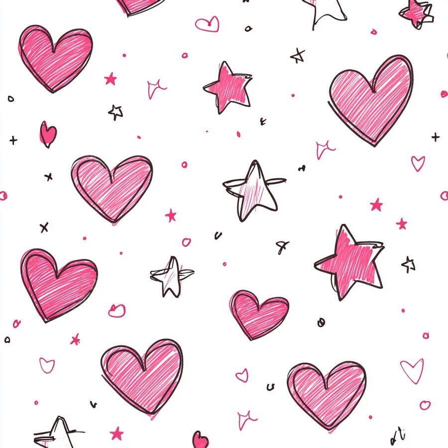 Padrão de corações e estrelas desenhados à mão rosa e branco
