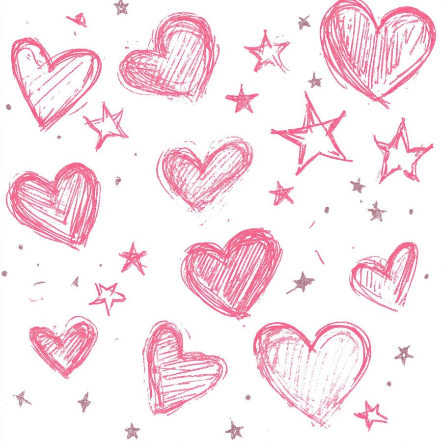Corações e estrelas desenho manual rosa e cinza padrão divertido