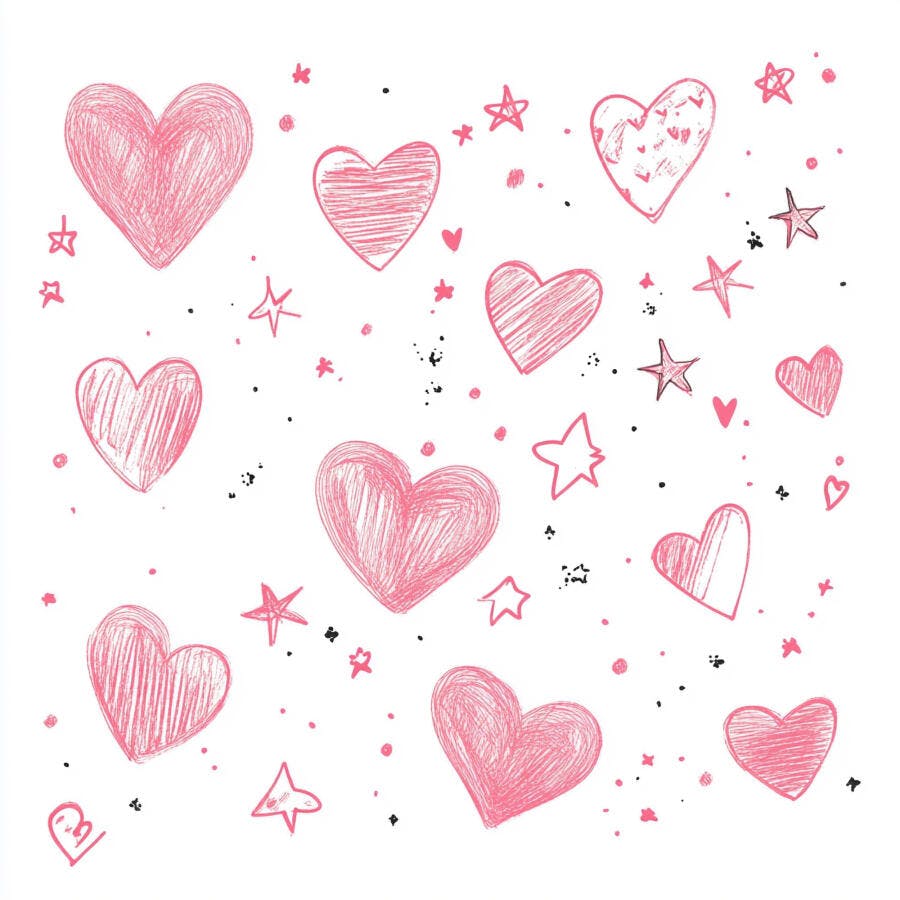 Padrão de corações e estrelas rosa desenhados à mão em fundo branco