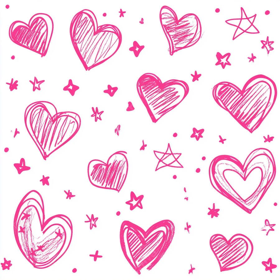 Corações e estrelas rosa desenhados à mão em fundo branco padrão