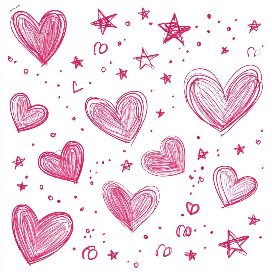 Corações e estrelas rosa desenhados à mão em padrão divertido no fundo branco