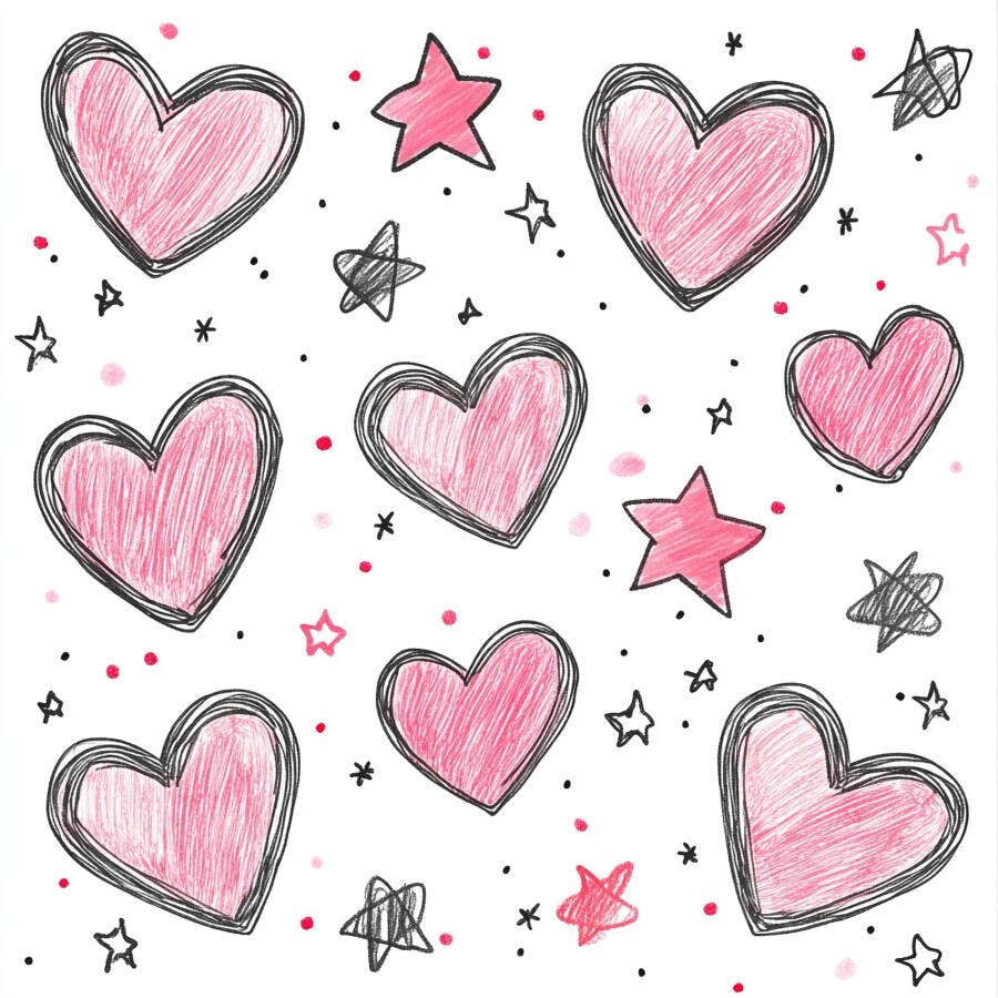 Corações e estrelas rosa e pretos padrão desenhado à mão fundo branco