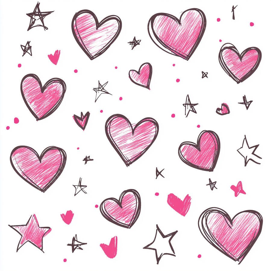 Padrão de corações e estrelas desenhados à mão rosa e preto em fundo branco