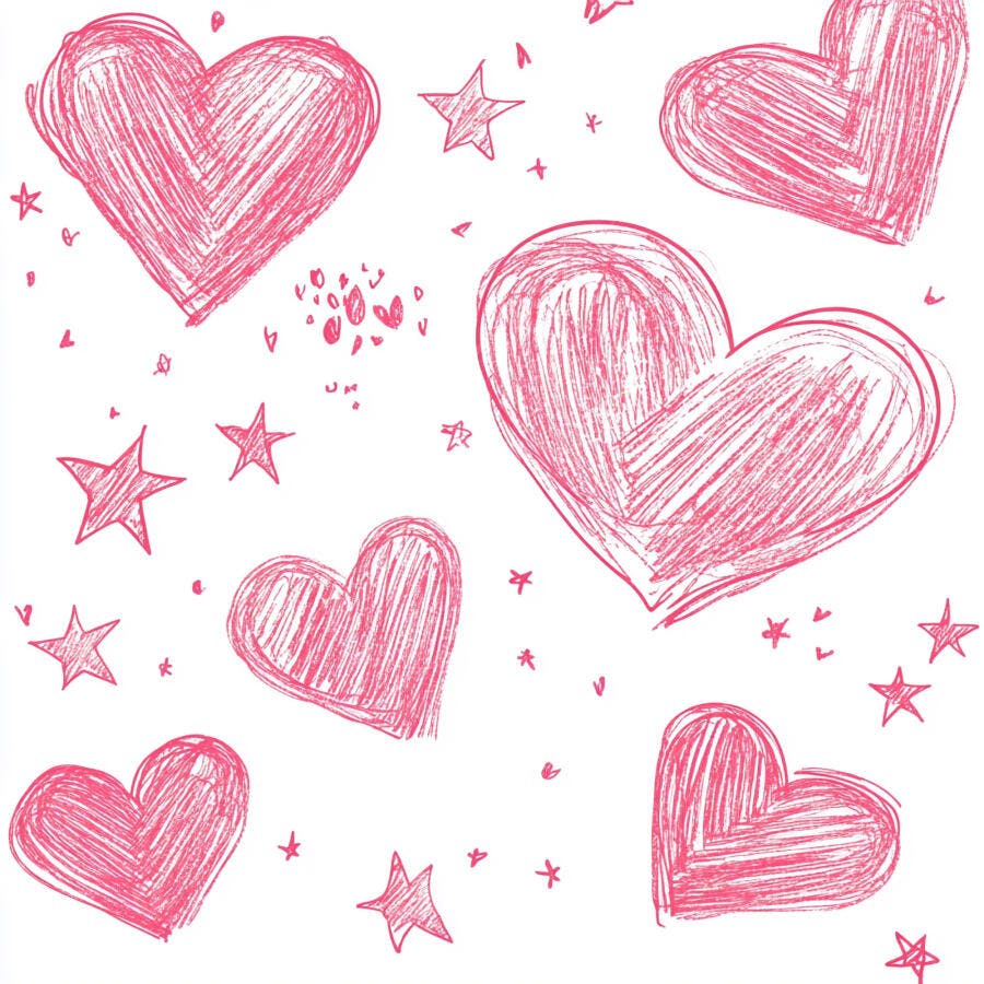 Corações e estrelas rosa desenhados à mão em fundo branco para crianças