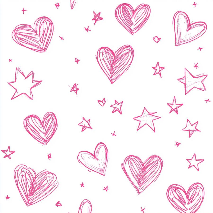 Padrão de corações e estrelas rosa rabiscados em fundo branco