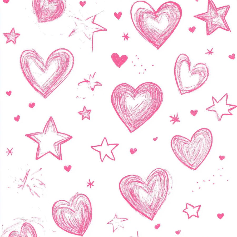 Corações e estrelas cor de rosa desenhados à mão em fundo branco padrão festivo