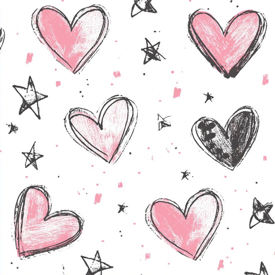 Padrão sem costura corações estrelas rosa preto desenho à mão fundo branco
