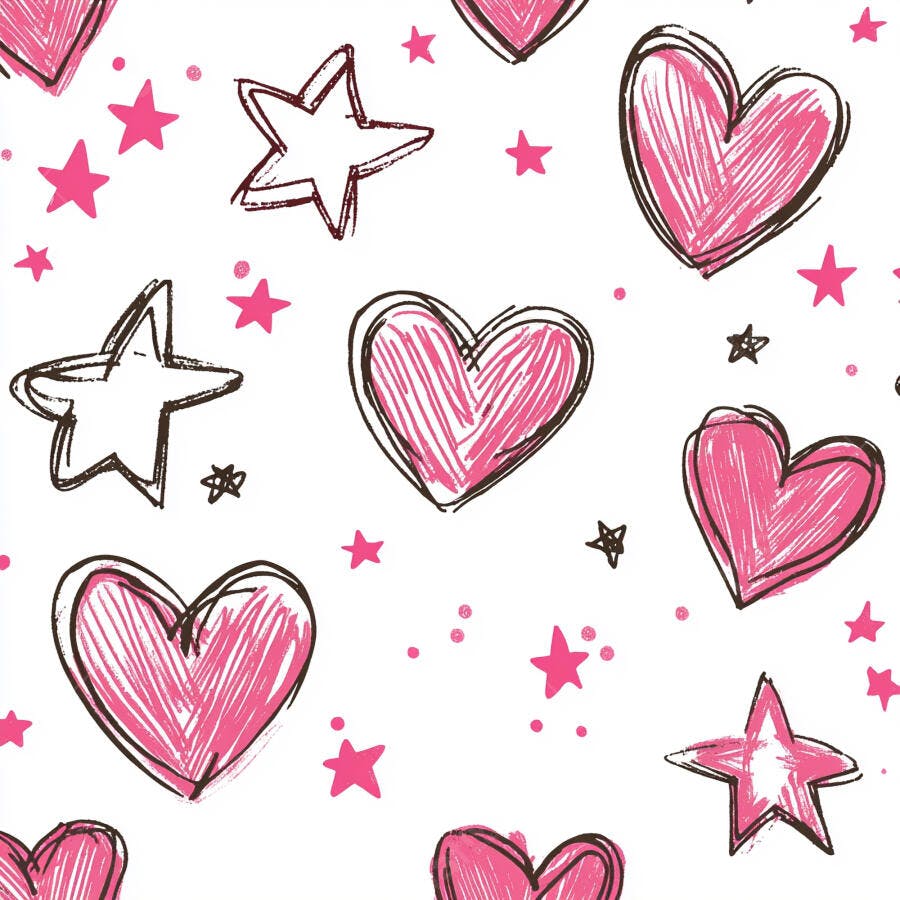 Corações e estrelas desenhados em padrão romântico rosa e branco