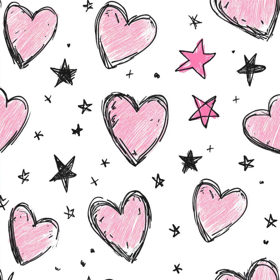 Corações e estrelas rabiscados rosa e preto em padrão perfeito para fundo branco