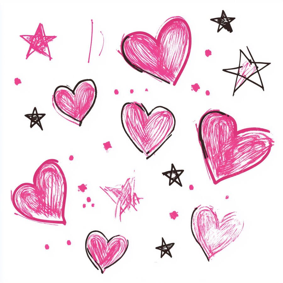 Corações e estrelas rosa desenhados à mão em fundo branco