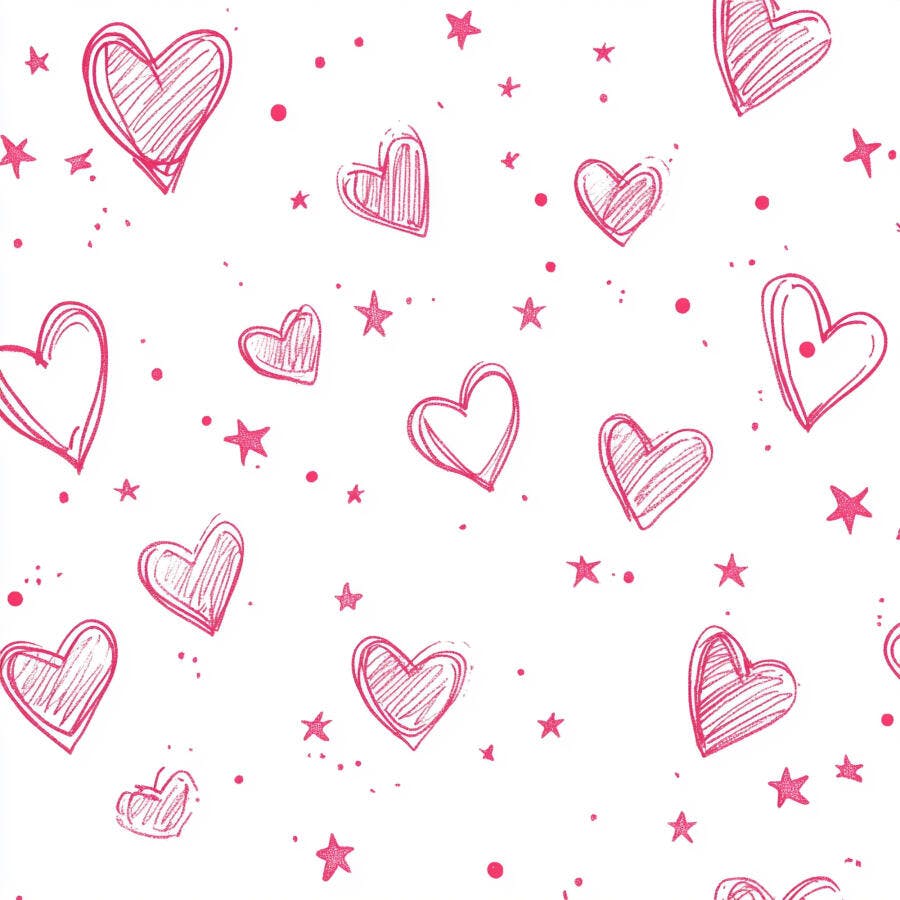 Padrão de corações e estrelas rosa vibrante desenhados à mão em fundo branco