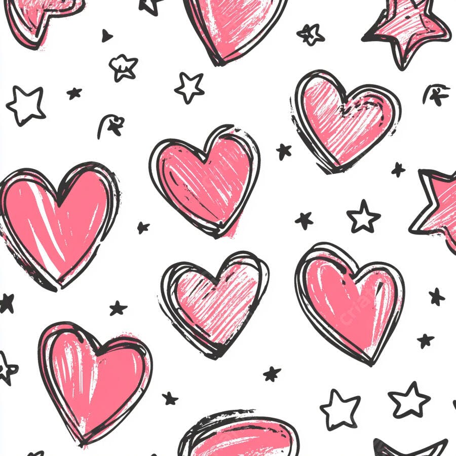 Padrão de corações e estrelas desenhados à mão em rosa e preto sobre branco