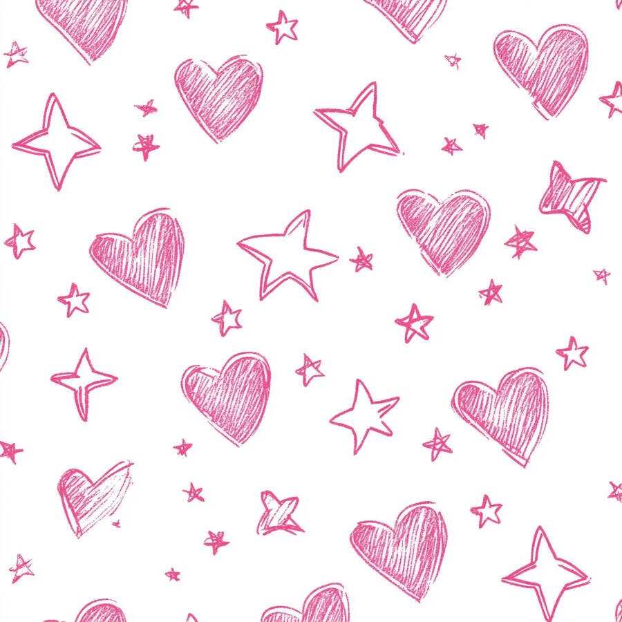 Padrão de corações e estrelas rosa desenhados à mão em fundo branco
