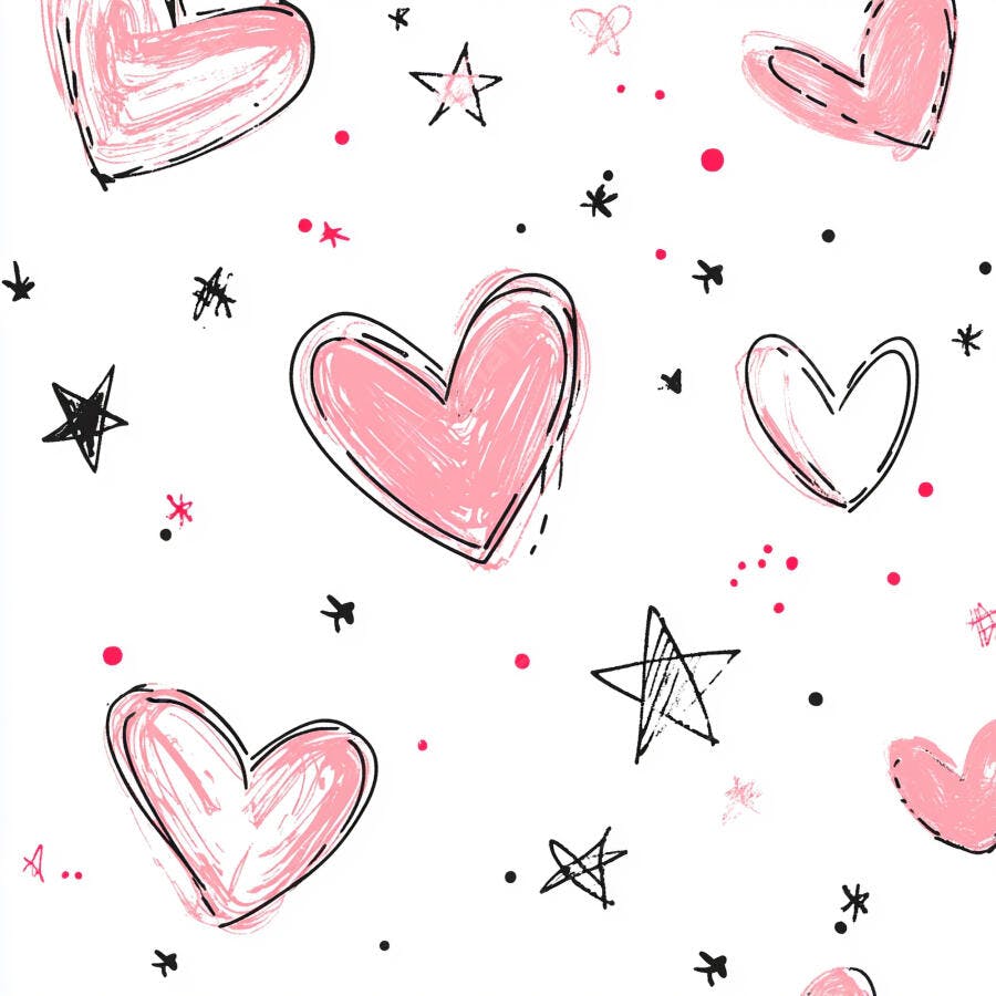 Padrão de corações e estrelas doodle rosa e preto em fundo branco lúdico