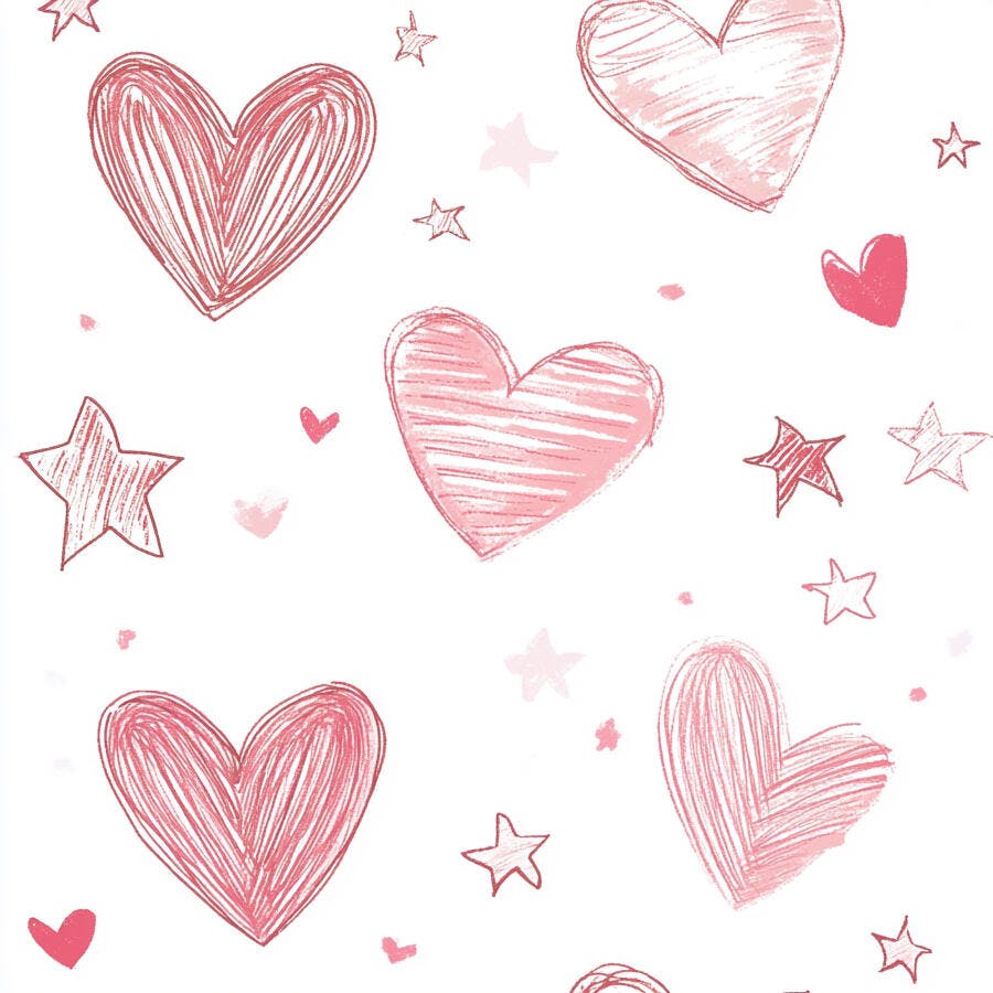 Padrão de corações e estrelas desenhados à mão em tons de rosa claro