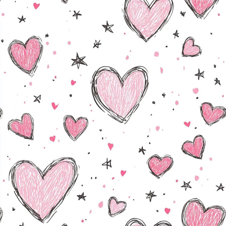 Padrão sem costura de corações rosa e estrelas pretas desenhados à mão em fundo branco