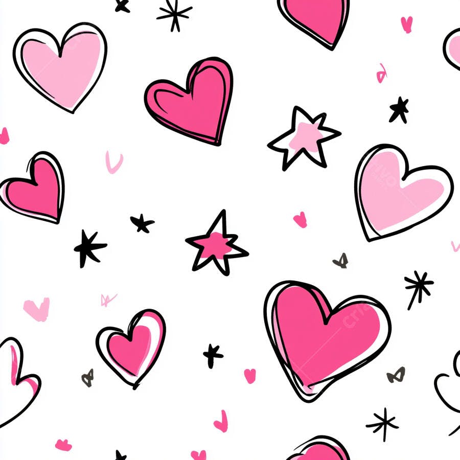 Padrão sem costura corações rosa e estrelas pretas estilo doodle fundo branco