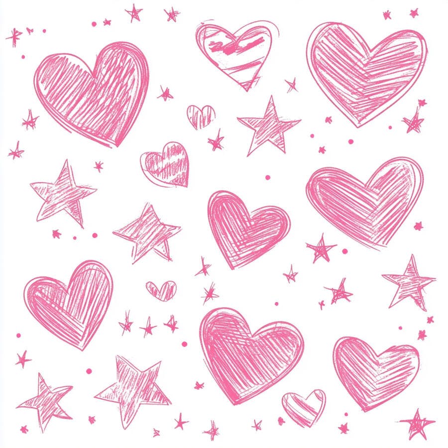 Corações e estrelas desenhados à mão rosa padrão abstrato em fundo branco