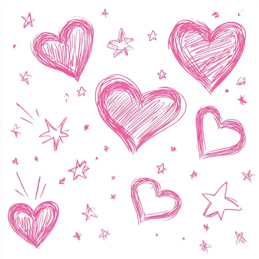 Corações e estrelas em desenho de rabisco rosa fundo branco