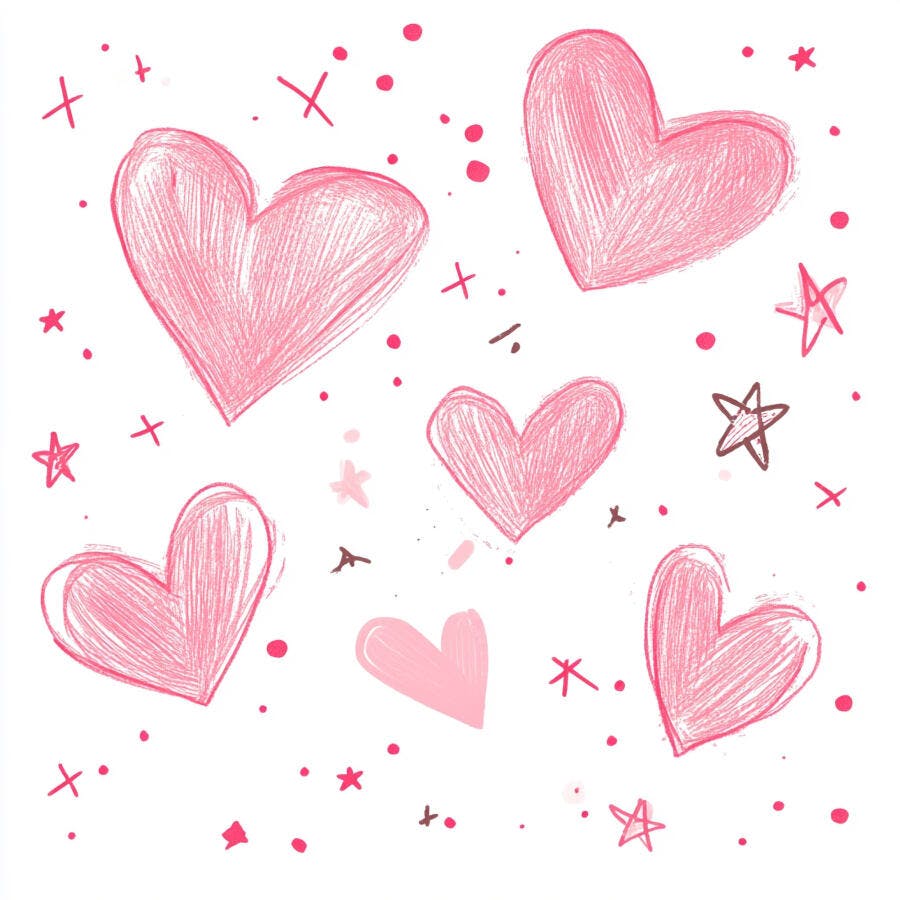 Corações rosa desenho infantil com estrelas e pontos brancos
