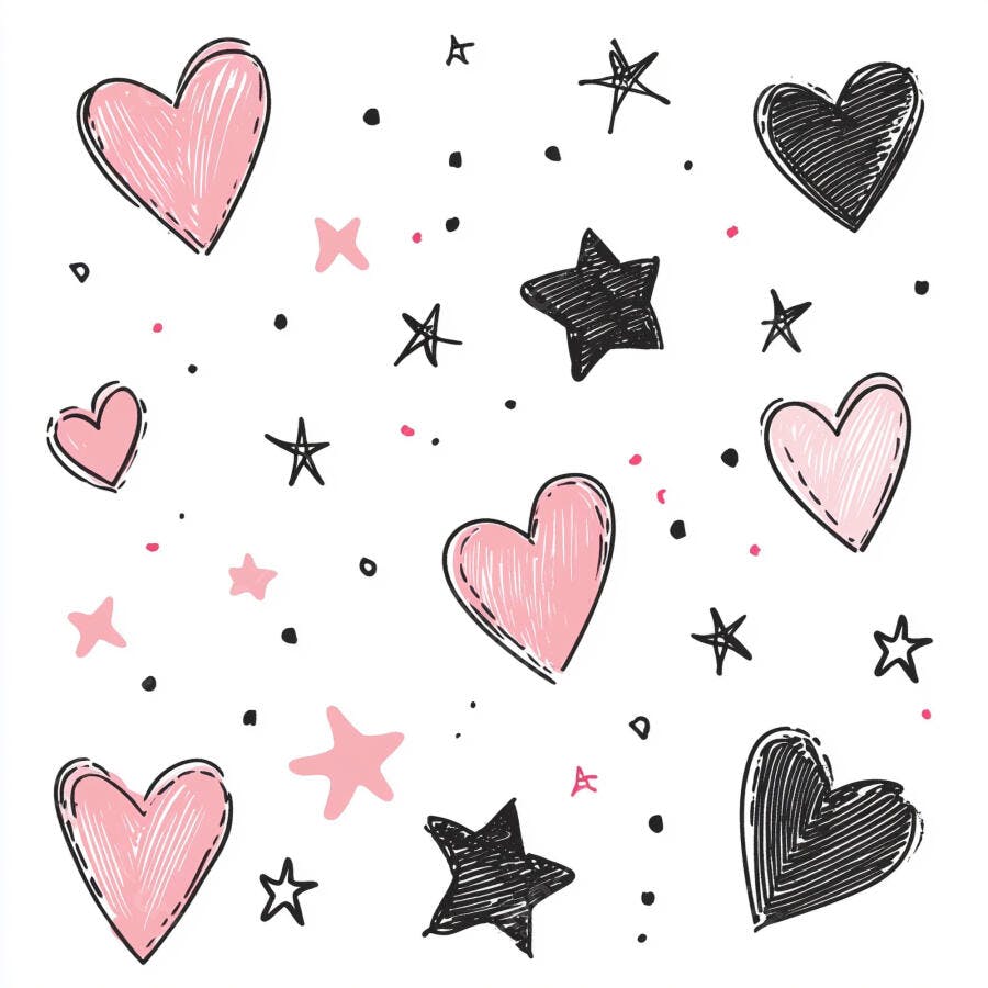 Corações e estrelas rosa e preto padrão doodle desenho à mão infantil