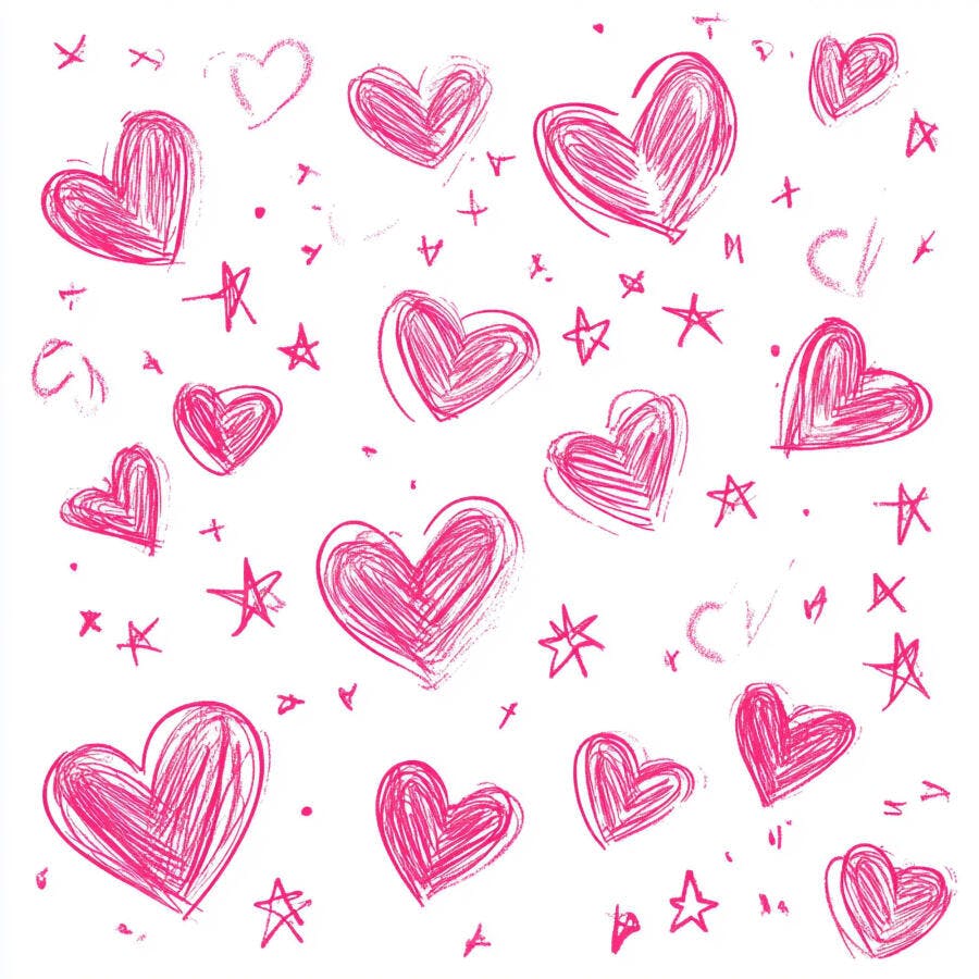 Corações desenhados rosa vibrante e estrelas em padrão infantil